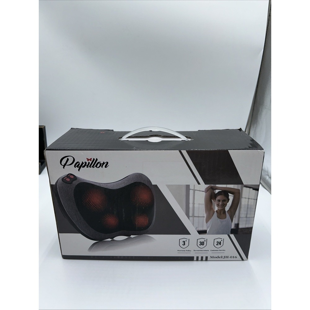 New Papillon JH-016 Black Gray 3D Shiatsu Heat Neck Back Massager Pillow